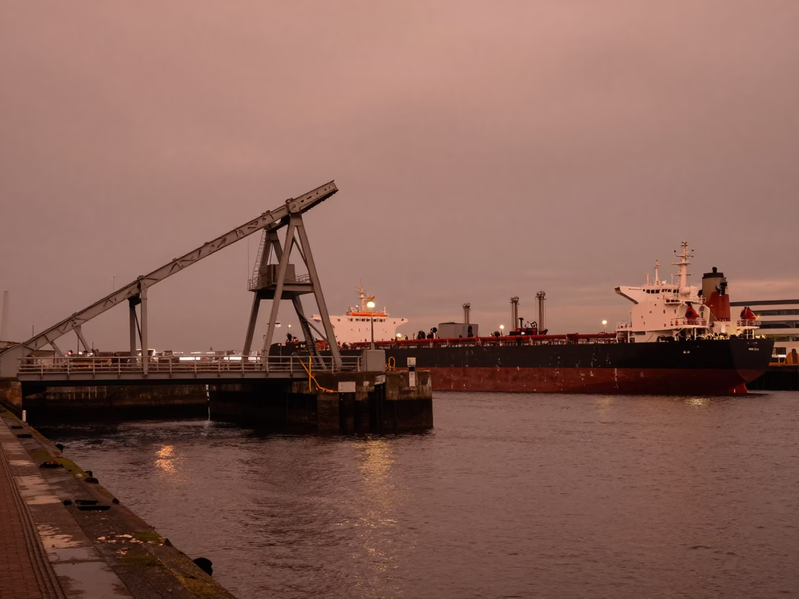 Dublin Ireland copper-toned dusk harbor scene with drawbridge and tanker ship reflections in in Dublin, Ireland