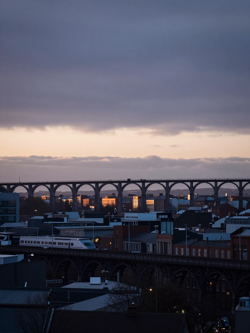 Dublin Ireland Dawn Railway Viaduct and Cityscape at First Light in in Dublin, Ireland