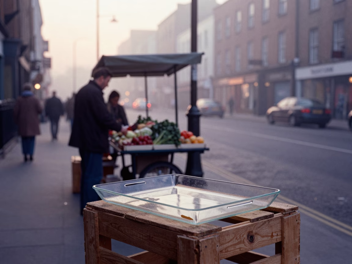 Dublin Ireland Dawn Street Scene with Clear Glass Tray and Leaf Shadows on Bucket in in Dublin, Ireland