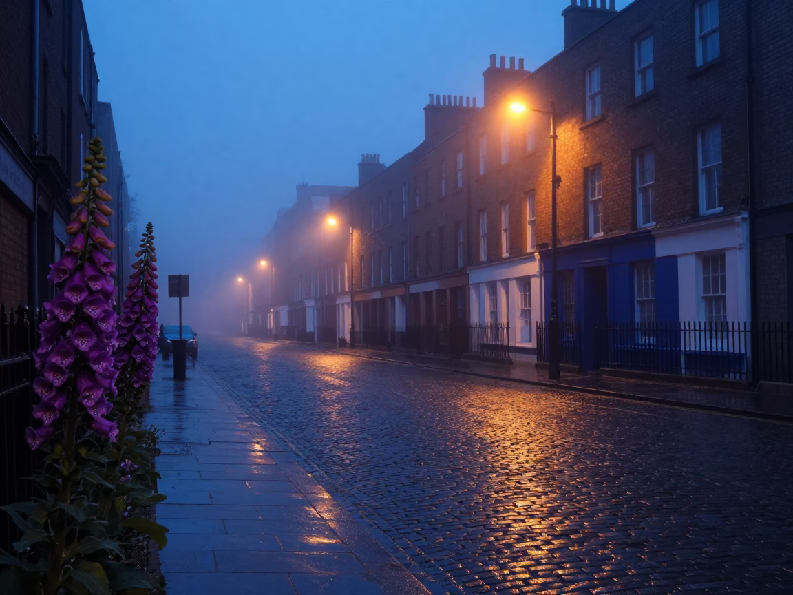 Dublin Ireland Dawn Street Scene with Foxgloves and Misty Cobblestones in in Dublin, Ireland