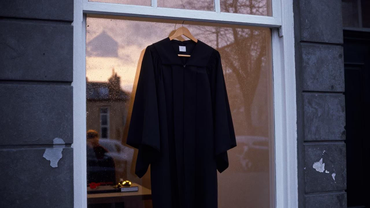 Dublin Ireland Dawn Street Scene with Graduation Gown Hanging Window First Light Realistic Photography in in Dublin, Ireland