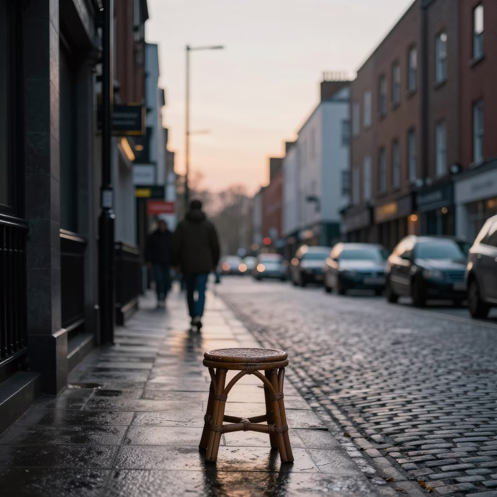 Dublin Ireland Dawn Street Scene with Rattan Stool and Morning Commuters in in Dublin, Ireland
