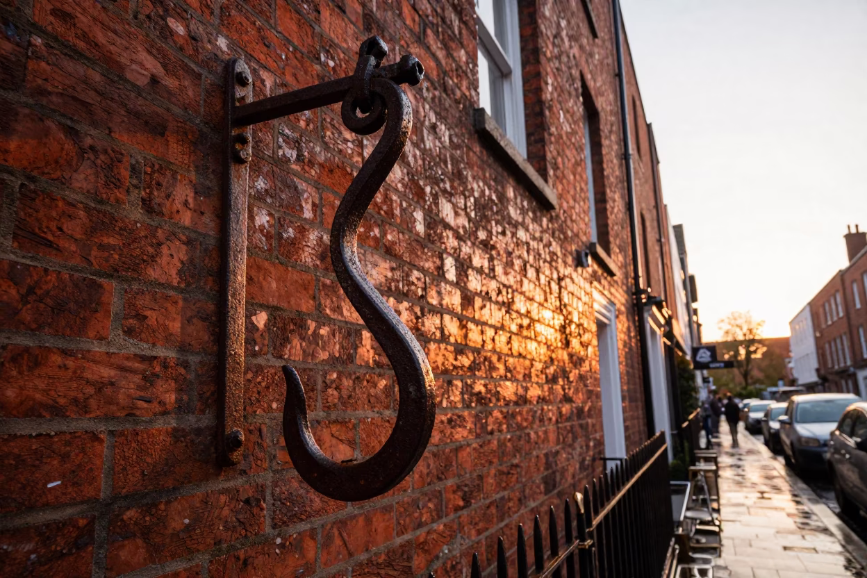 Dublin Ireland Dawn Street Scene with Rustic Iron Hook and Autumn Vines in in Dublin, Ireland