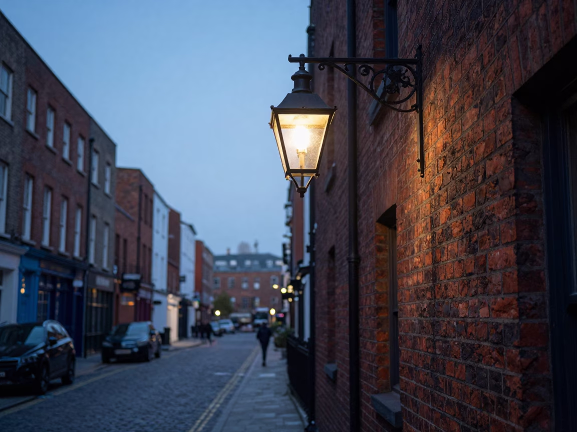 Dublin Ireland Dawn Street Scene with Vintage Lantern and Blue Porcelain Jar in in Dublin, Ireland
