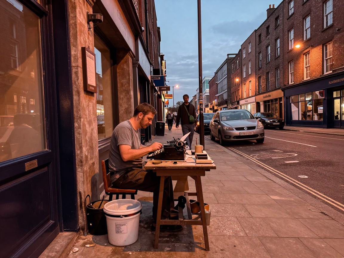 Dublin Ireland Dusk Street Scene with Typewriter Repairman and Clay Cup in in Dublin, Ireland