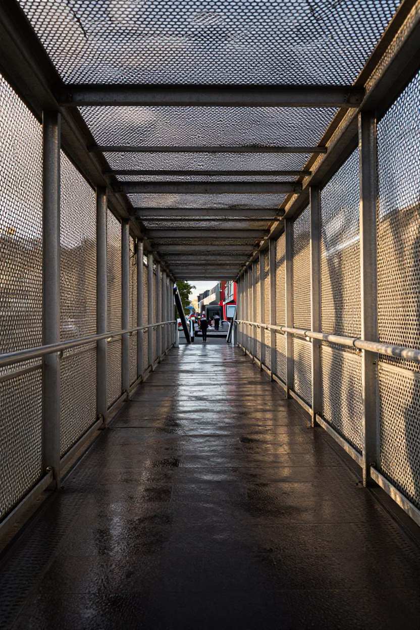 Dublin Ireland Early Afternoon Pedestrian Overpass Perforated Metal and Wet Footsteps in in Dublin, Ireland