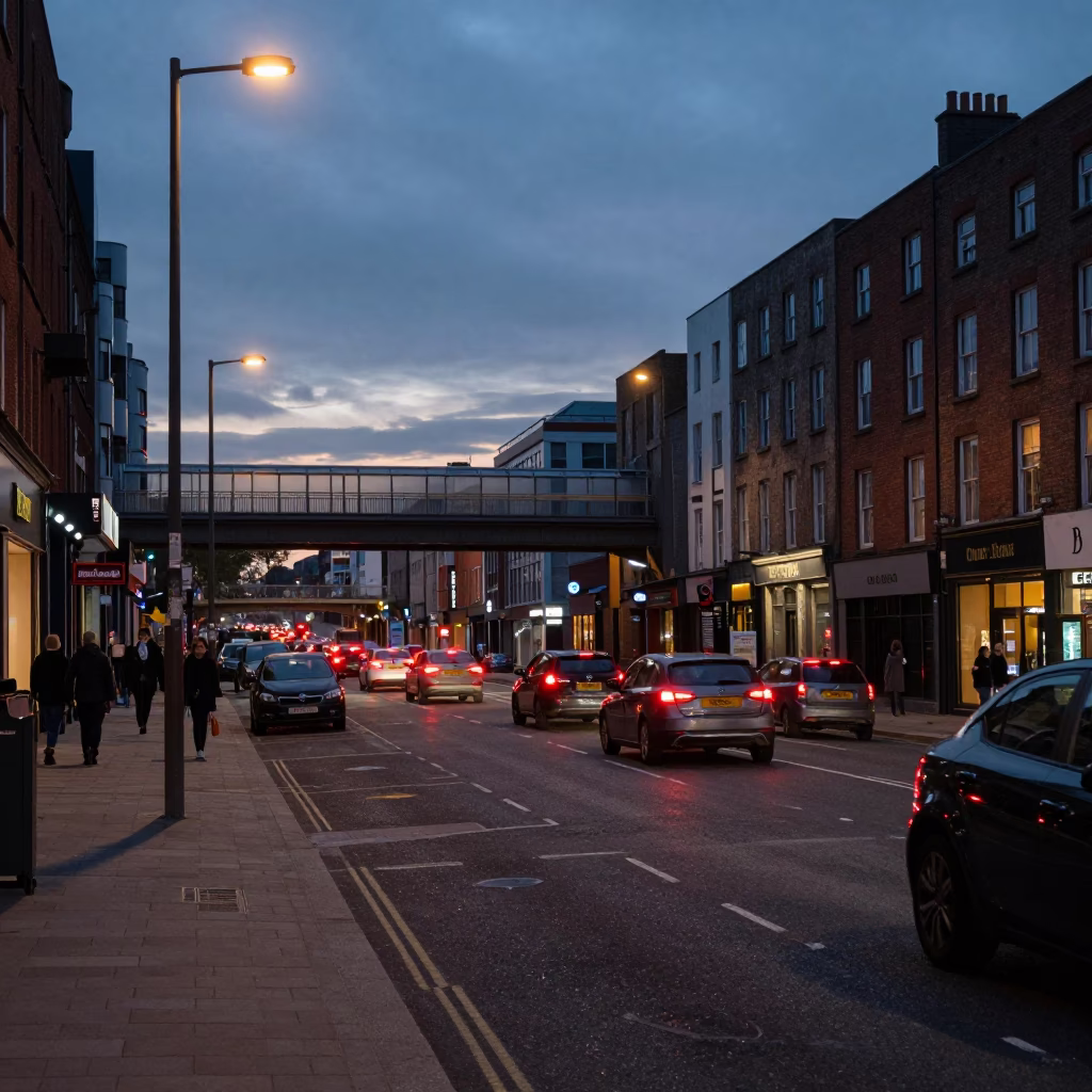 Dublin Ireland early evening street scene with overpass interchange taillight streaks and city lights in in Dublin, Ireland
