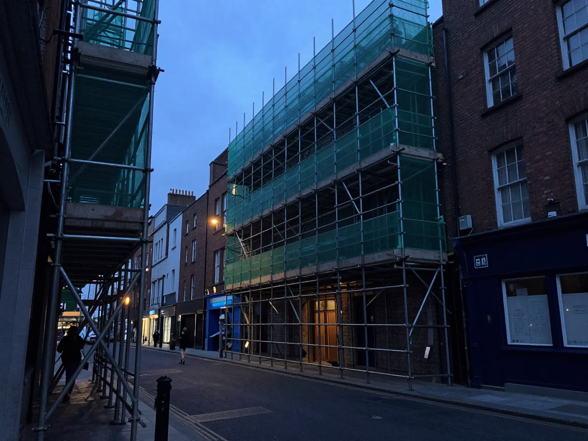 Dublin Ireland Evening Blue Hour Street Scene with Scaffold and Moss in in Dublin, Ireland