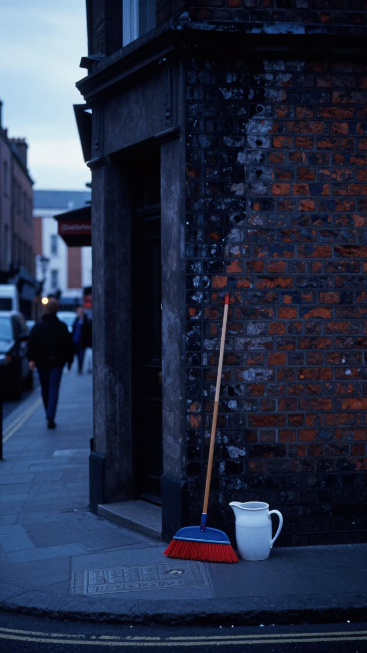 Dublin Ireland Evening Street Scene with Broom and Cooler Jug in in Dublin, Ireland