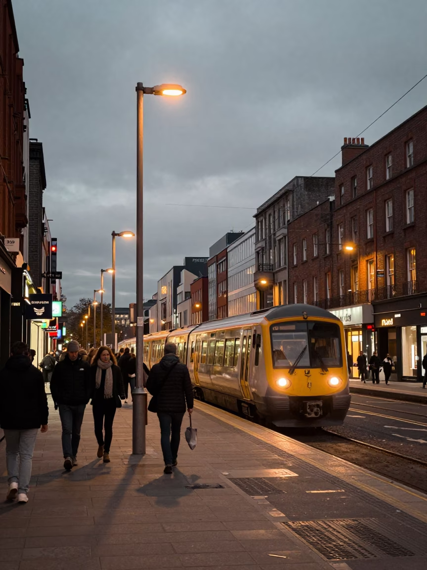 Dublin Ireland Evening Street Scene With Commuter Train And City Lights Glowing in in Dublin, Ireland