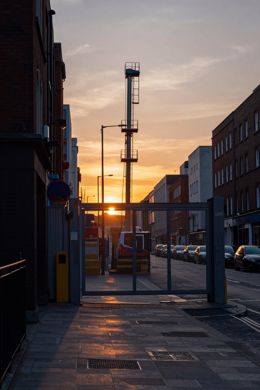 Dublin Ireland Evening Street Scene with Construction Elevator Gate and Rebar Bundles at Sunset in in Dublin, Ireland