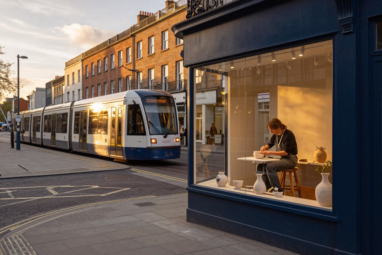 Dublin Ireland Evening Street Scene with Metro Train and Ceramicist Workshop Window Display in in Dublin, Ireland
