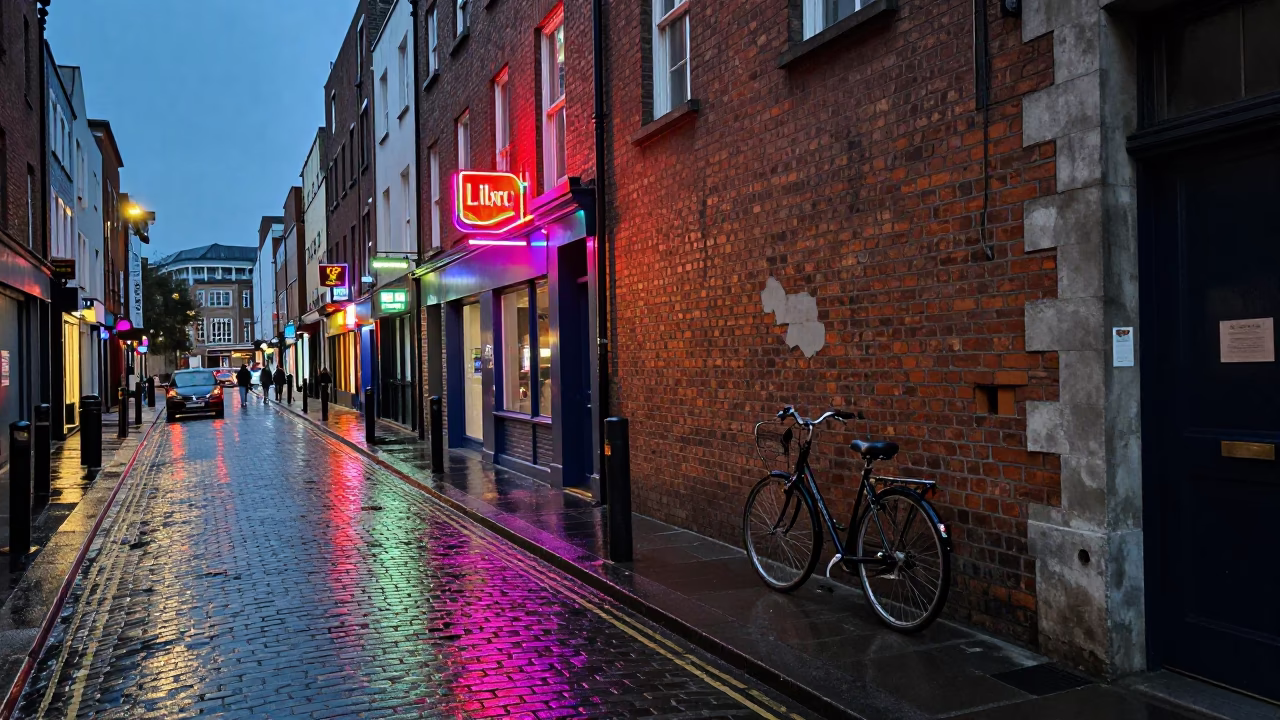 Dublin Ireland Evening Street Scene with Neon Lights and Urban Architecture in in Dublin, Ireland
