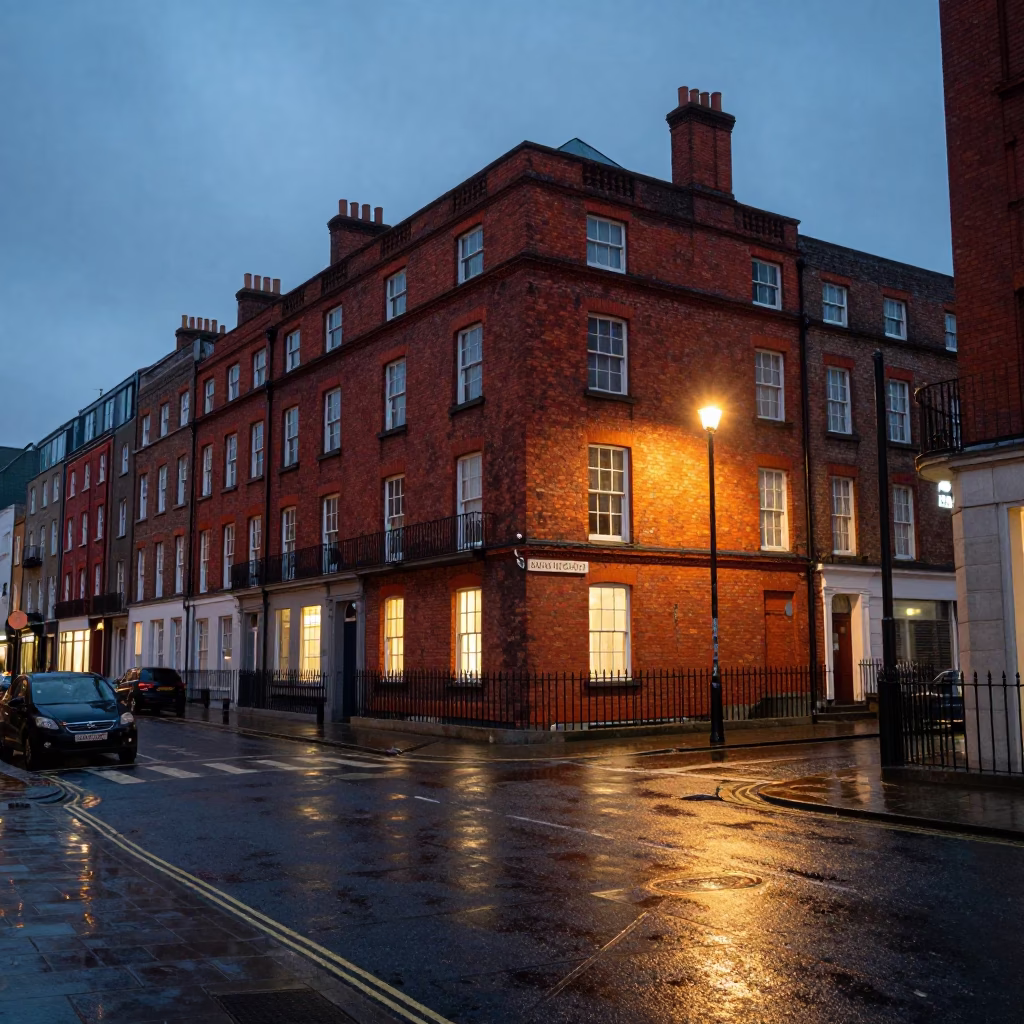 Dublin Ireland Evening Street Scene With Red Brick Architecture And Glowing City Lights in in Dublin, Ireland