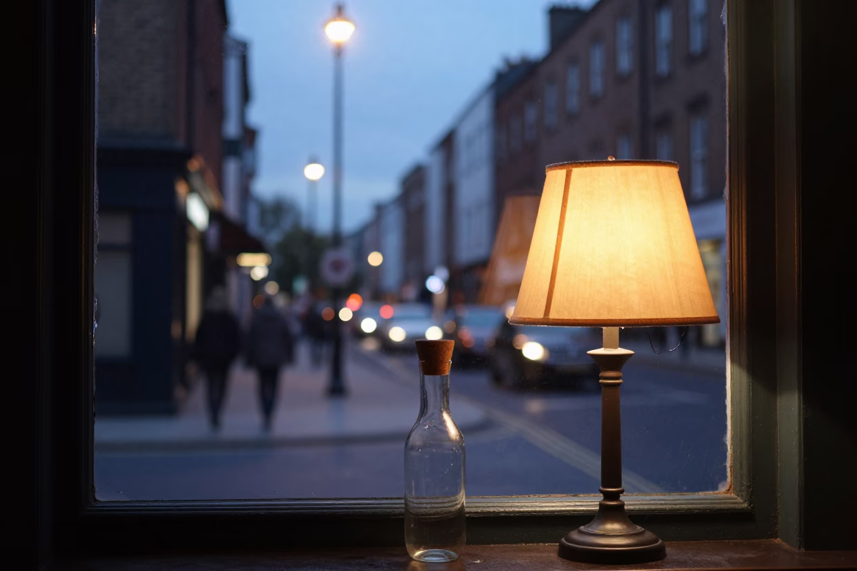 Dublin Ireland Evening Street Scene with Vintage Carafe and Lampshade at Dusk in in Dublin, Ireland