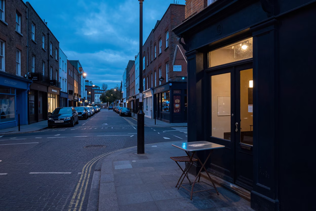 Dublin Ireland Evening Street Scene with Vintage Elements and Local Life in in Dublin, Ireland