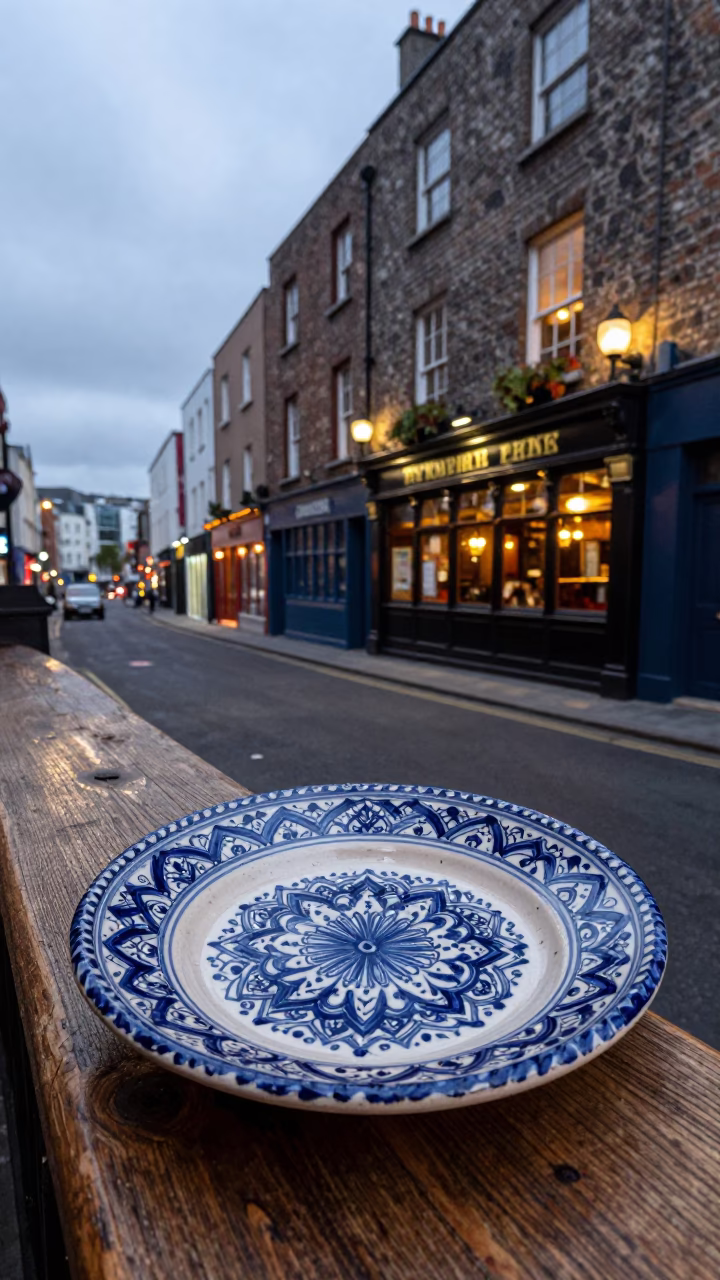 Dublin Ireland Evening Street Scene with Vintage Majolica Plate and Skillet in Window in in Dublin, Ireland