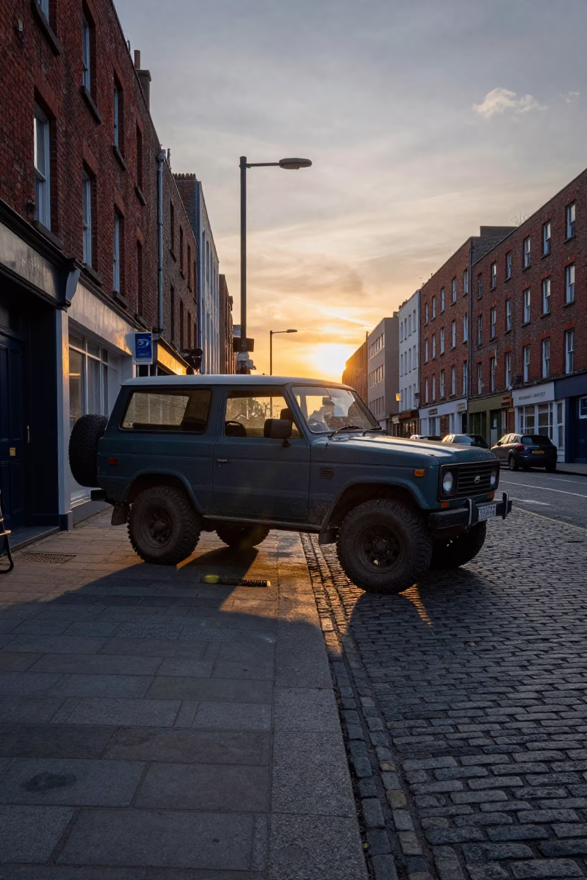 Dublin Ireland Evening Street Scene with Vintage SUV and Urban Architecture at Sunset in in Dublin, Ireland