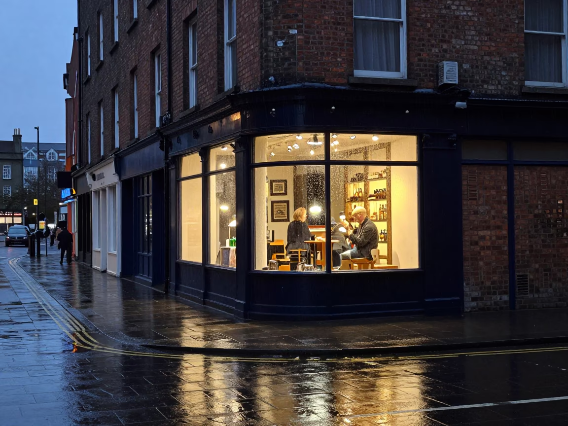 Dublin Ireland Evening Street Scene with Wet Glass and Wall Hook in in Dublin, Ireland
