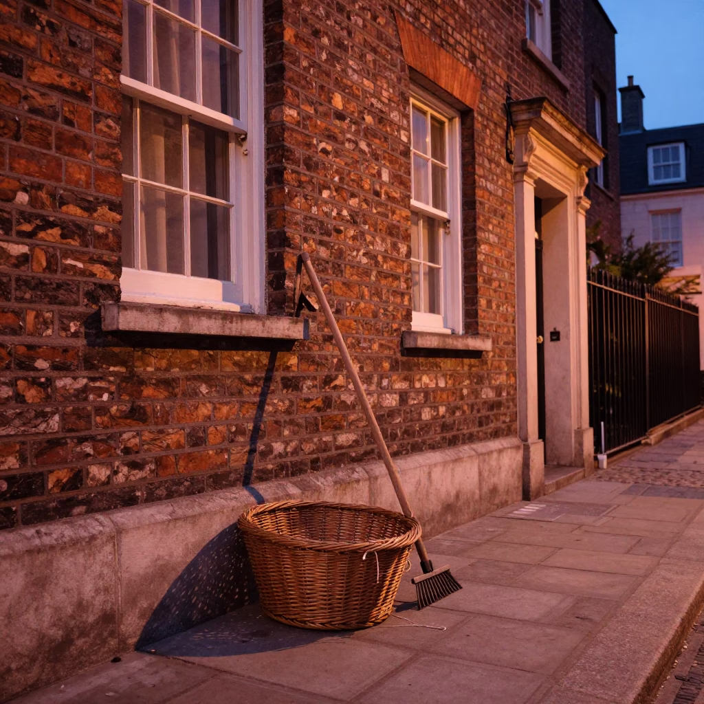 Dublin Ireland Evening Street Scene with Wicker Hamper and Twine in Copper Dusk Light in in Dublin, Ireland