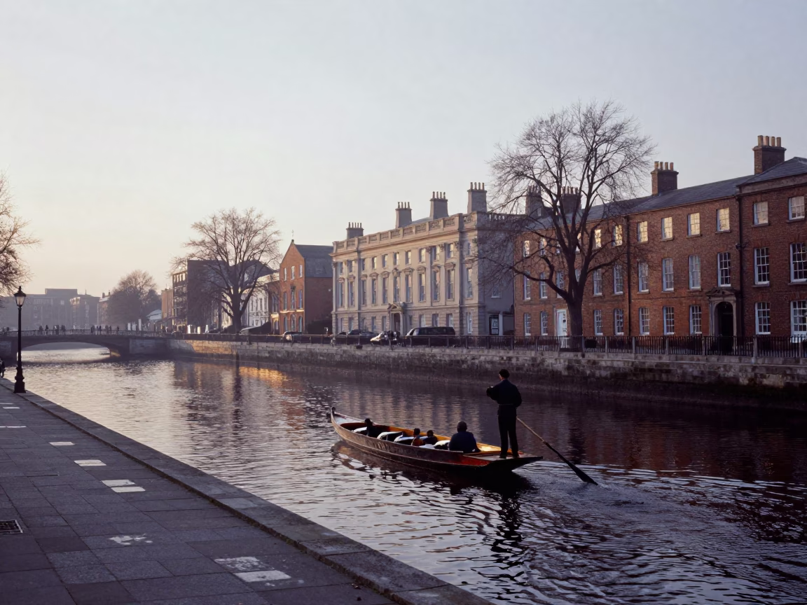 Dublin Ireland First Light Dawn Street Scene with Punt Boat and College Gardens Reflection in in Dublin, Ireland