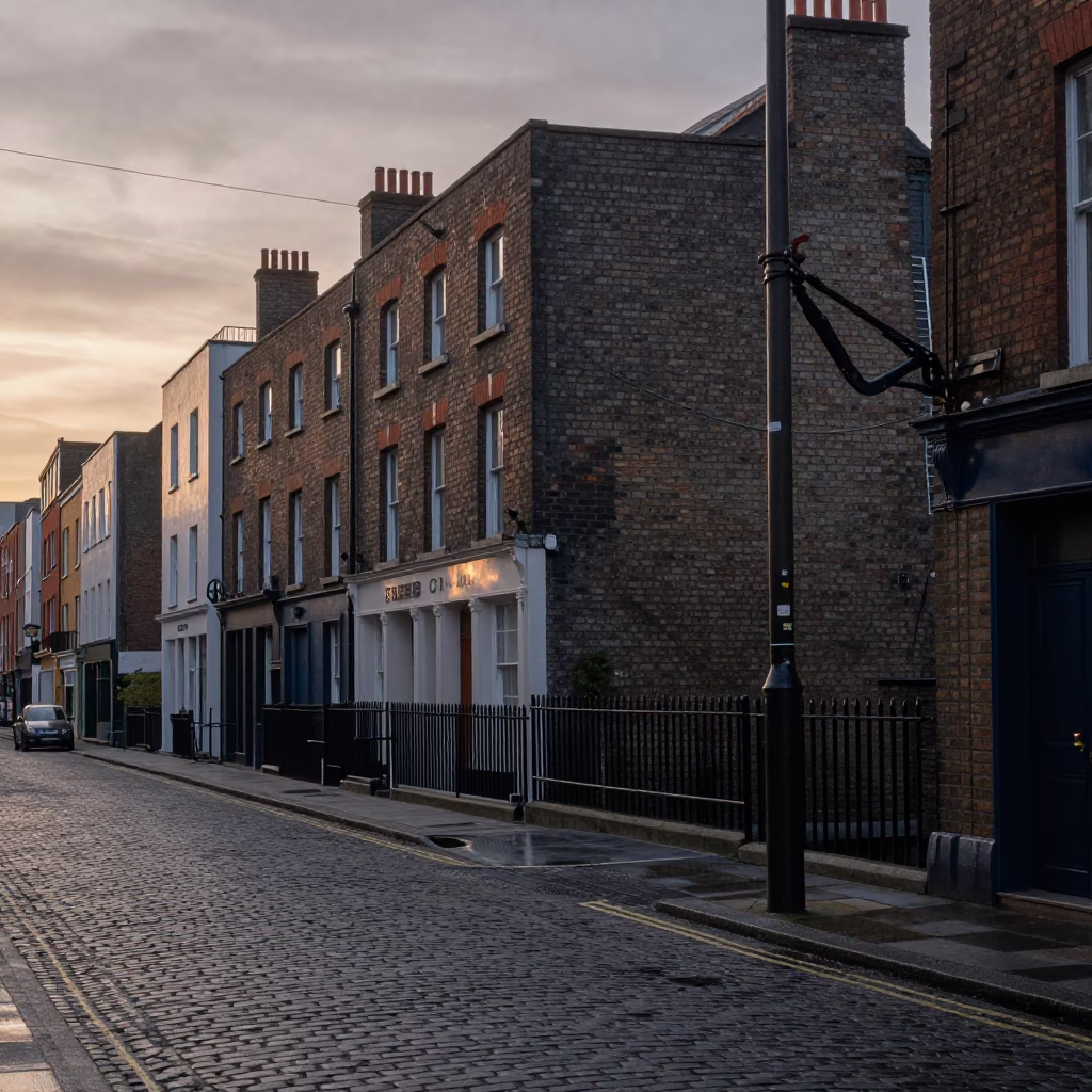 Dublin Ireland First Light Dawn Street Scene with Turnbuckle and Urban Infrastructure in in Dublin, Ireland