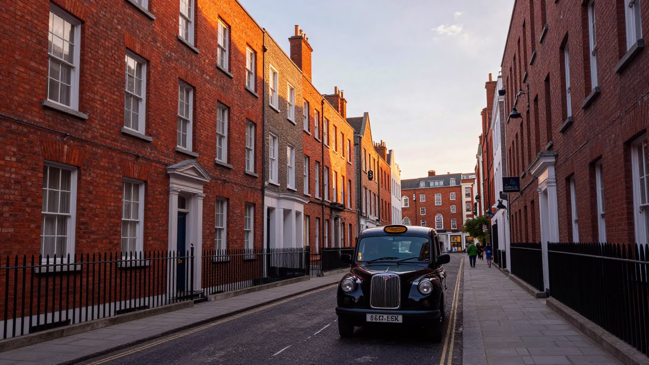 Dublin Ireland First Light Street Scene with Vintage Car and Cobblestone Architecture in in Dublin, Ireland
