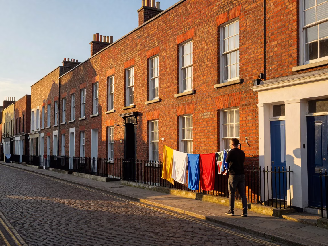 Dublin Ireland Golden Hour Street Scene with Laundry and Local Life in in Dublin, Ireland