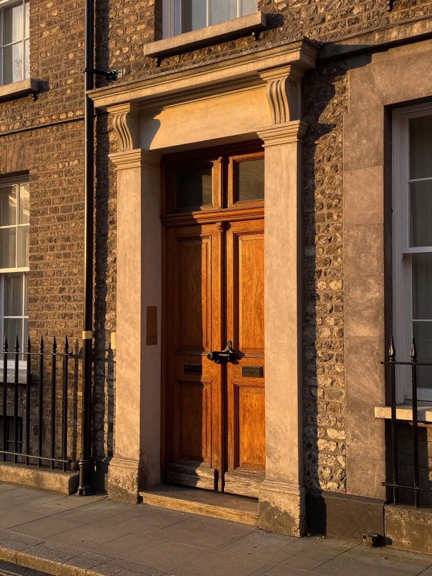 Dublin Ireland Honeyed Evening Light Street Scene with Iron Deadbolt and Colorful Tulips in in Dublin, Ireland