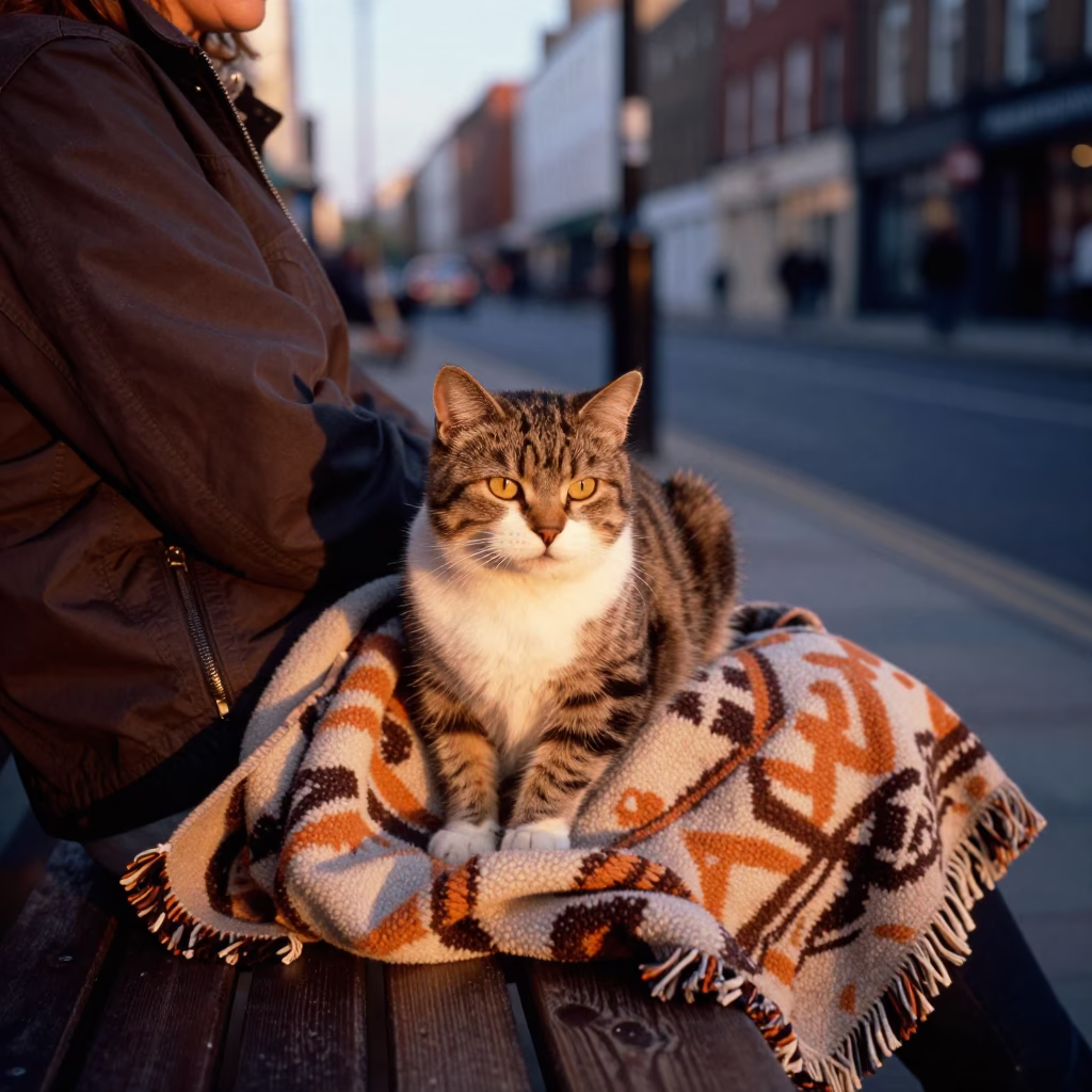Dublin Ireland Honeyed Evening Street Scene with Blanket and Cat in in Dublin, Ireland