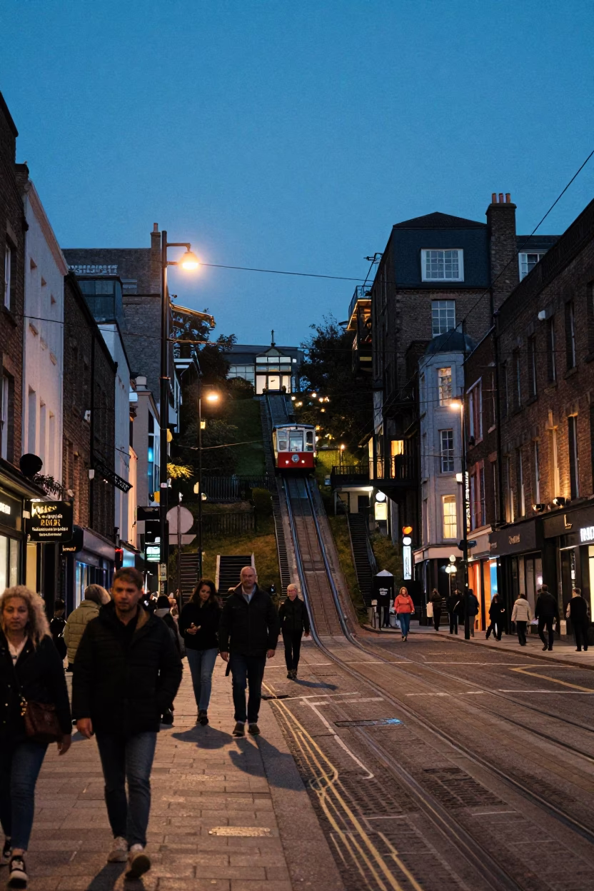 Dublin Ireland Indigo Twilight Busy Street Scene with Funicular and Urban Life in in Dublin, Ireland
