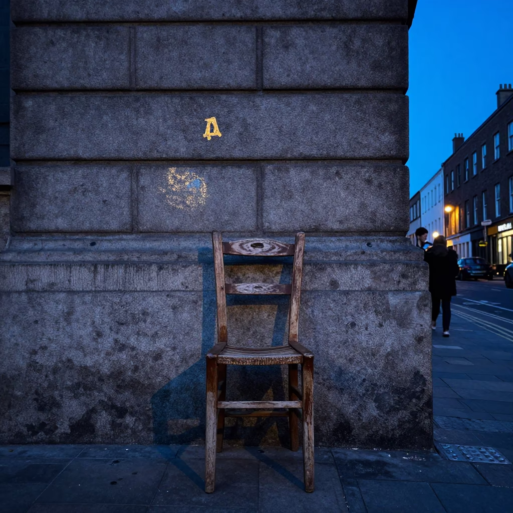 Dublin Ireland Indigo Twilight Street Scene Ladder Back Chair and Concrete Building in in Dublin, Ireland