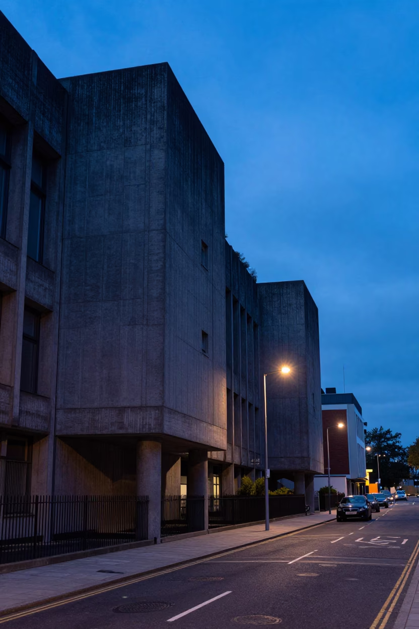 Dublin Ireland Indigo Twilight Street Scene with Brutalist University Building in in Dublin, Ireland