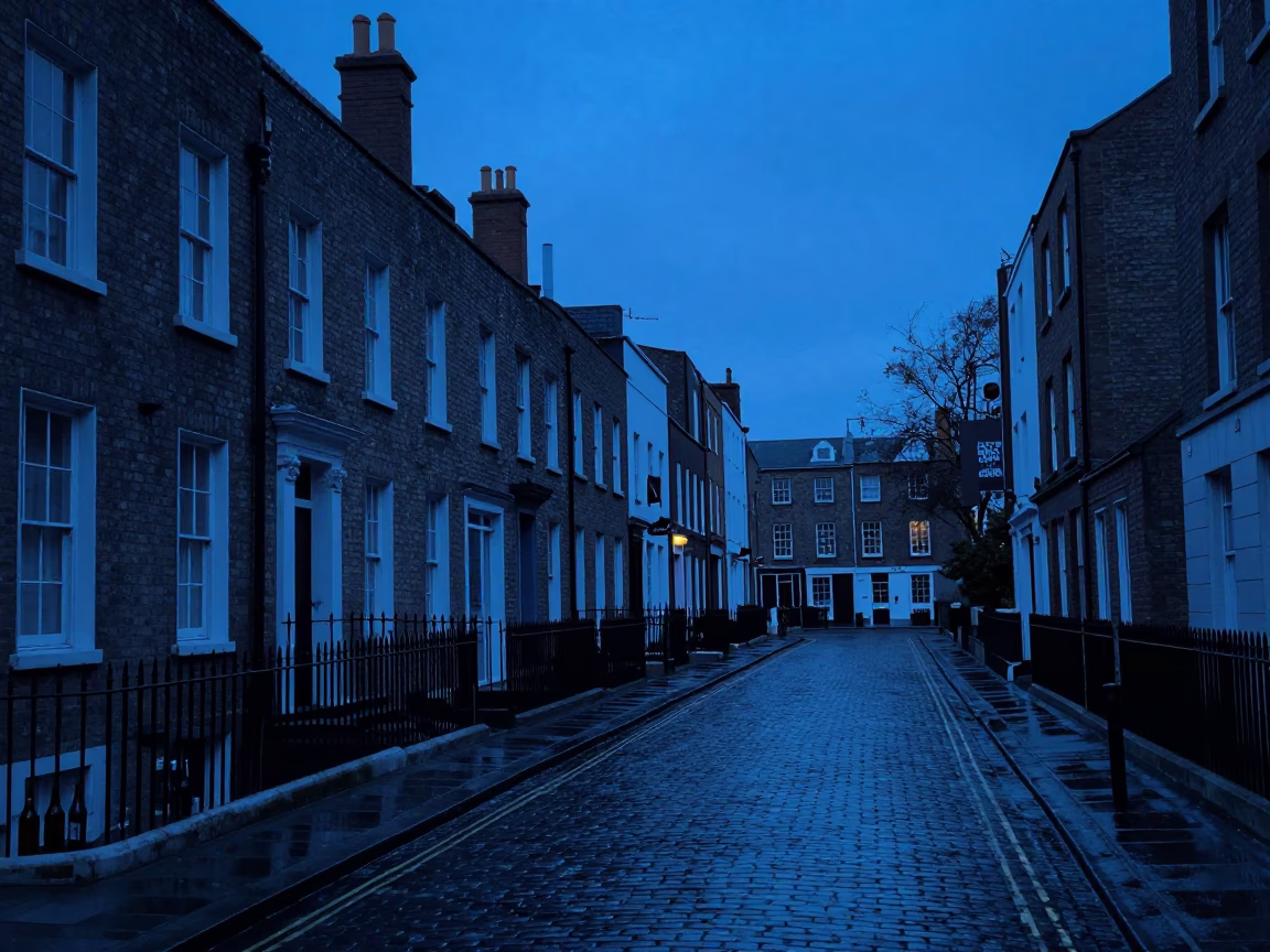 Dublin Ireland indigo twilight street scene with glass bottles and traditional architecture in in Dublin, Ireland