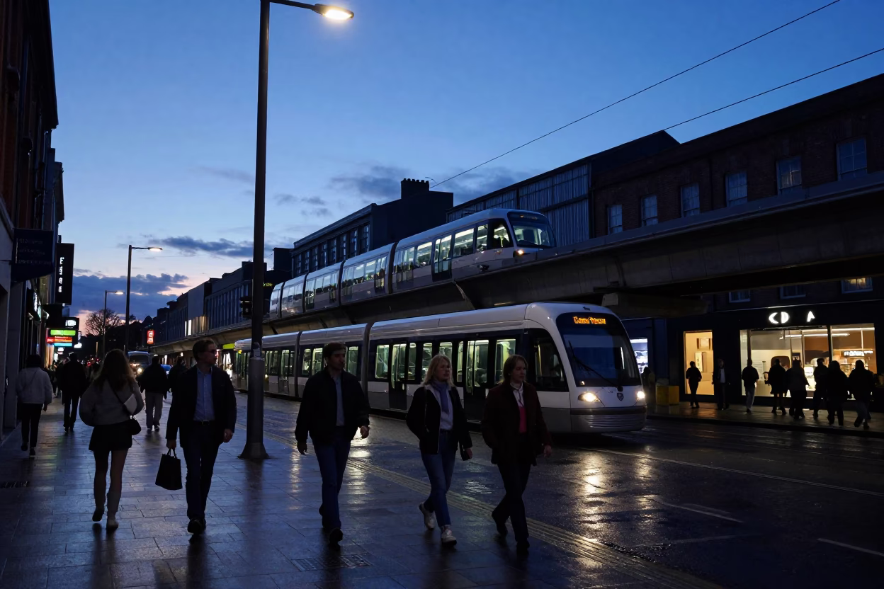 Dublin Ireland Indigo Twilight Street Scene with Monorail and Urban Life in in Dublin, Ireland