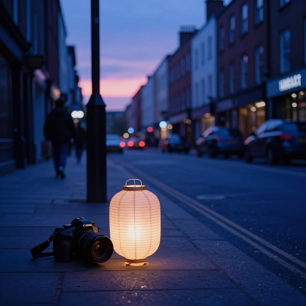Dublin Ireland indigo twilight street scene with paper lantern and chalkboard in in Dublin, Ireland