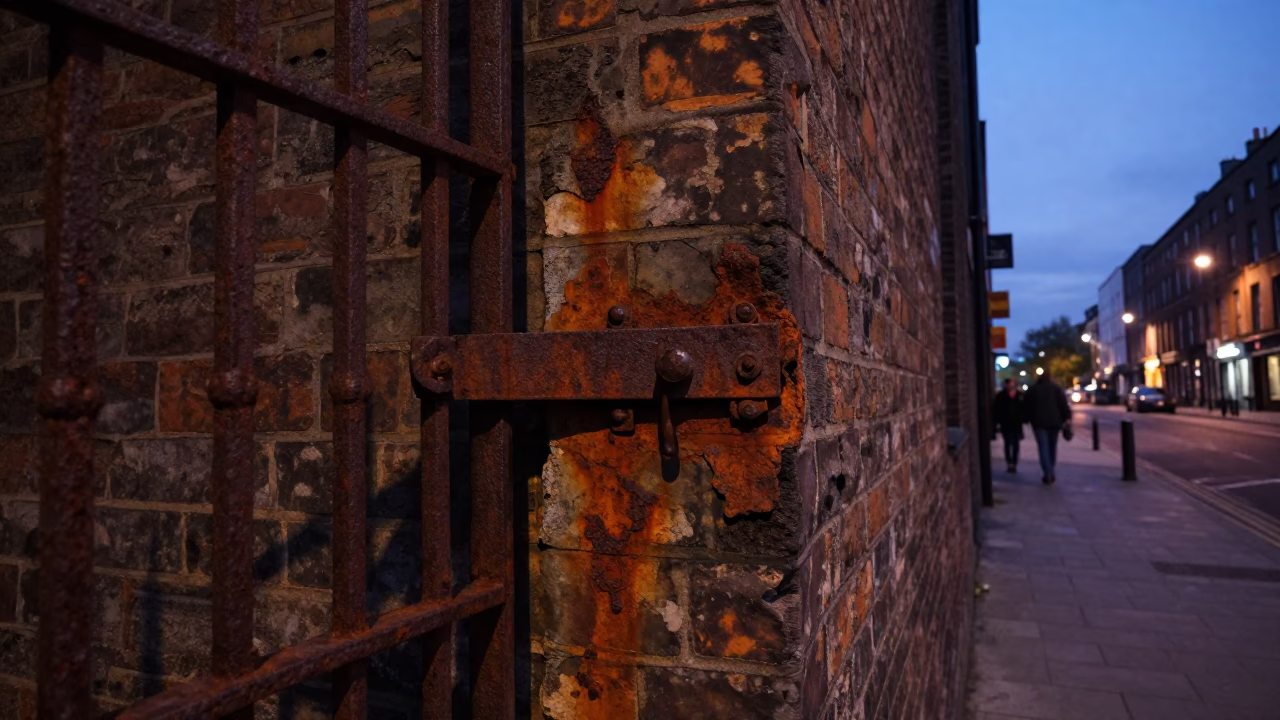 Dublin Ireland Indigo Twilight Street Scene With Rusting Iron And Mossy Stone Details in in Dublin, Ireland