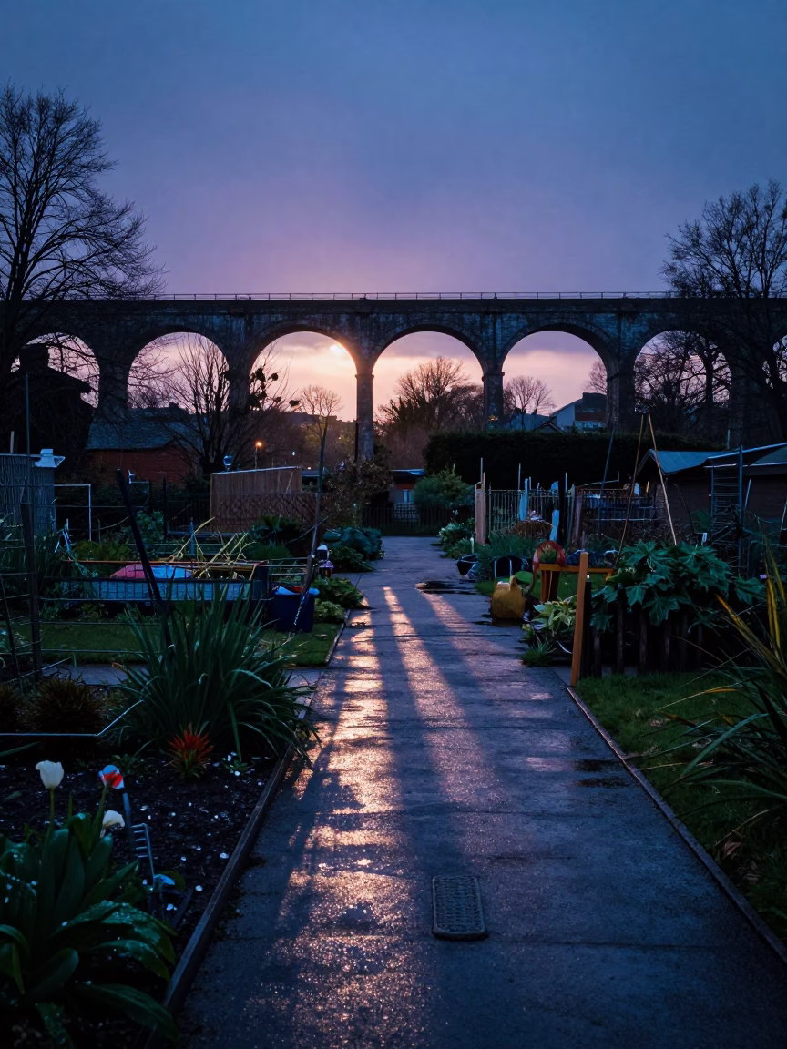 Dublin Ireland Indigo Twilight Viaduct Shadow Cutting Across Rain Wet Allotment Gardens in in Dublin, Ireland