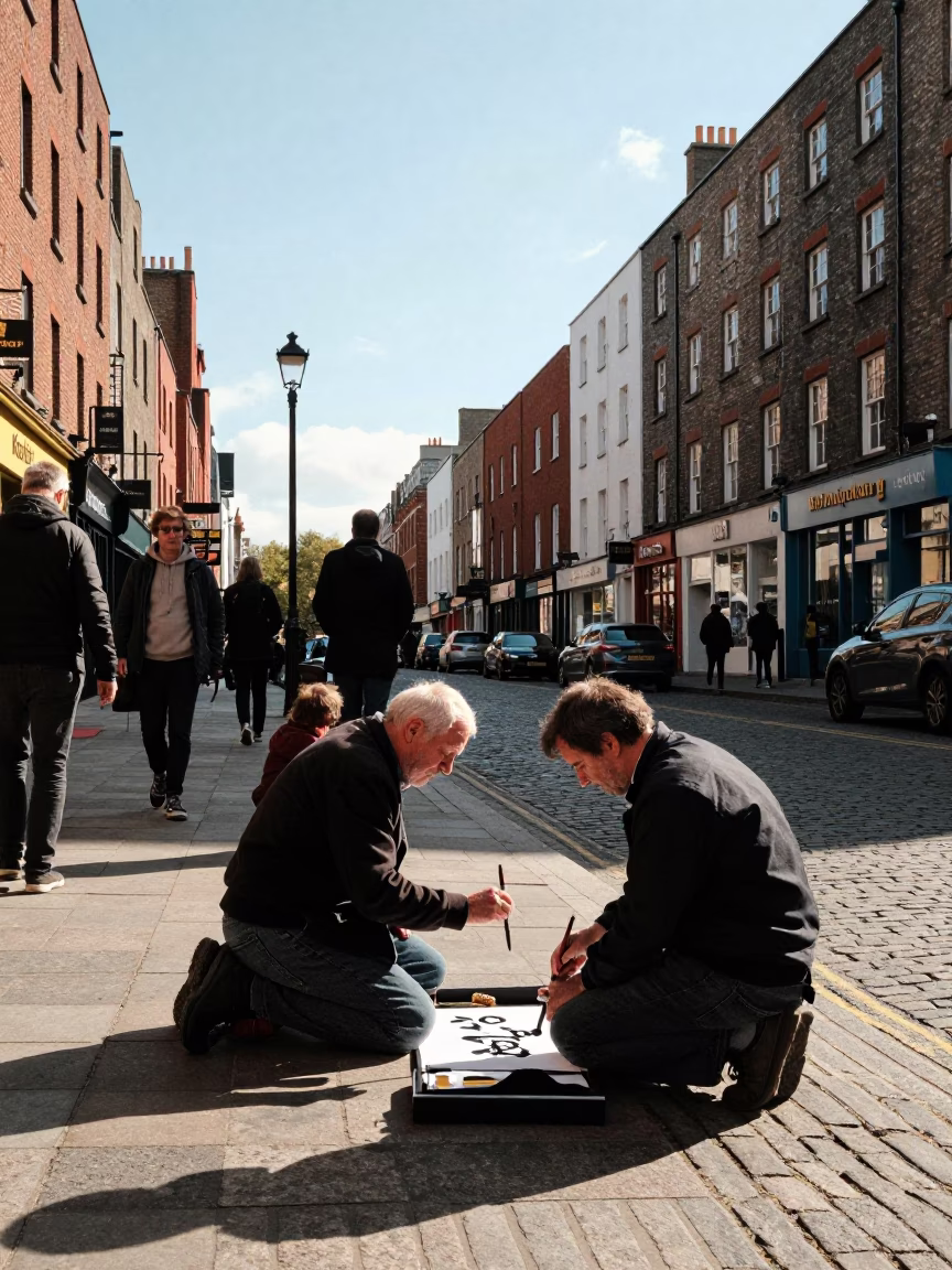 Dublin Ireland Late Afternoon Street Scene with Traditional Calligraphy Demonstration in Clear Light in in Dublin, Ireland