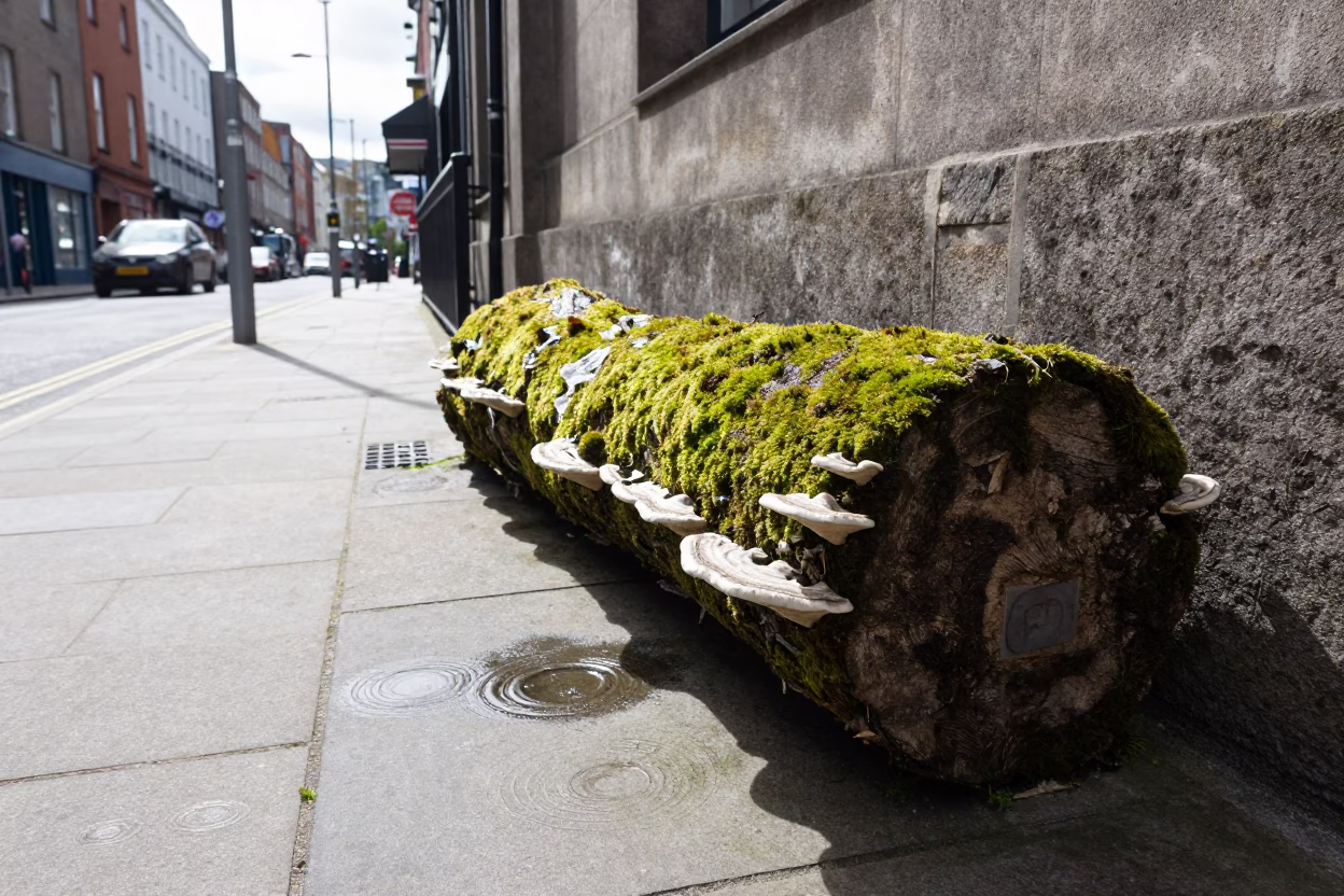 Dublin Ireland Midday Street Scene with Mossy Log and Urban Drainage Details in in Dublin, Ireland