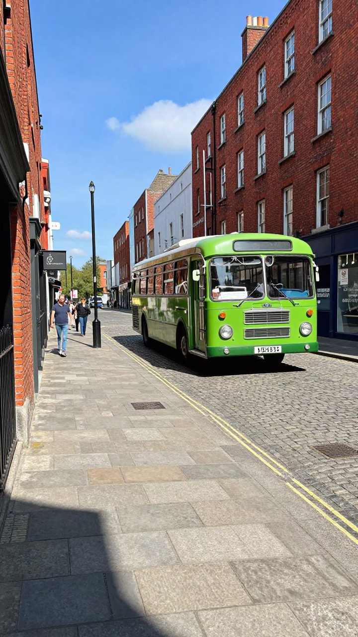 Dublin Ireland Midday Street Scene with Vintage Green Bus and Cobblestone Pavement in in Dublin, Ireland