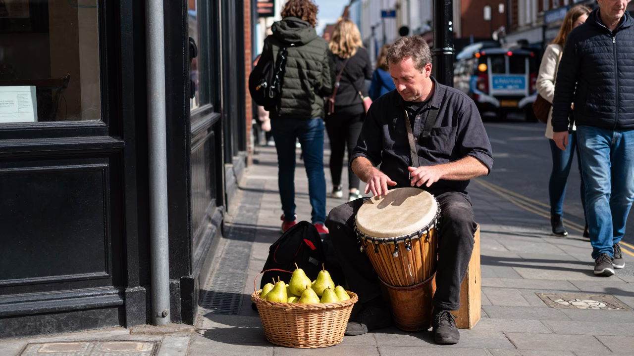 Dublin Ireland Midmorning Street Scene with Traditional Music and Pears in in Dublin, Ireland
