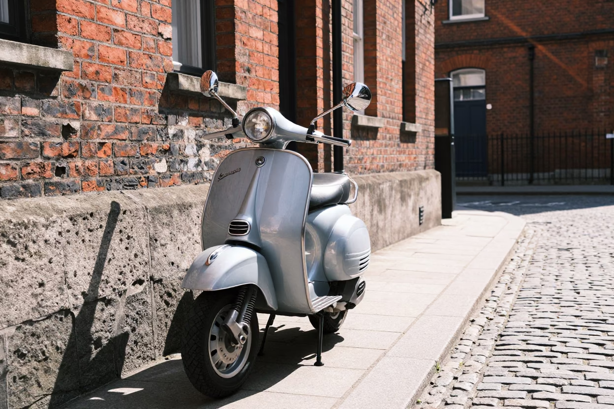 Dublin Ireland Midmorning Street Scene with Vintage Vespa on Cobblestone Lane in in Dublin, Ireland