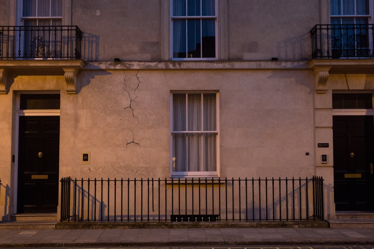 Dublin Ireland Midnight Street Scene with Cracked Stucco and Urban Decay in in Dublin, Ireland