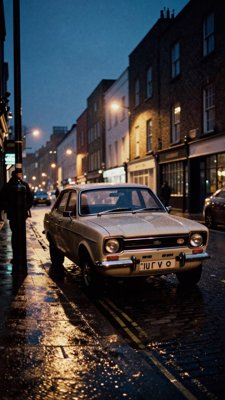 Dublin Ireland Midnight Street Scene with Vintage Car and Wet Pavement Reflections in in Dublin, Ireland