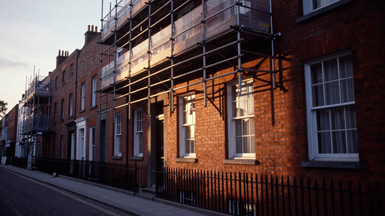 Dublin Ireland Morning Light on Georgian Scaffolding and Steel Window Frames in in Dublin, Ireland