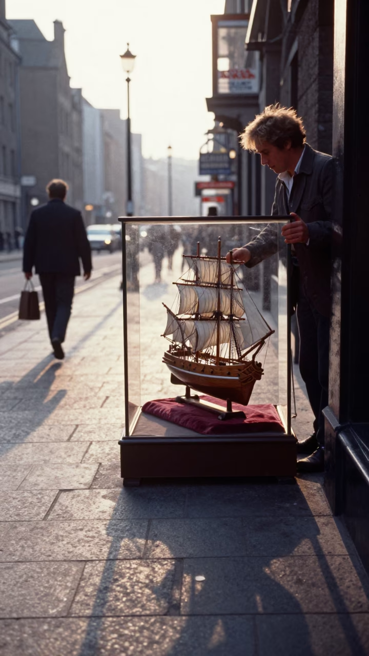 Dublin Ireland Morning Light on O'Connell Street with Vintage Model Ship Display in in Dublin, Ireland