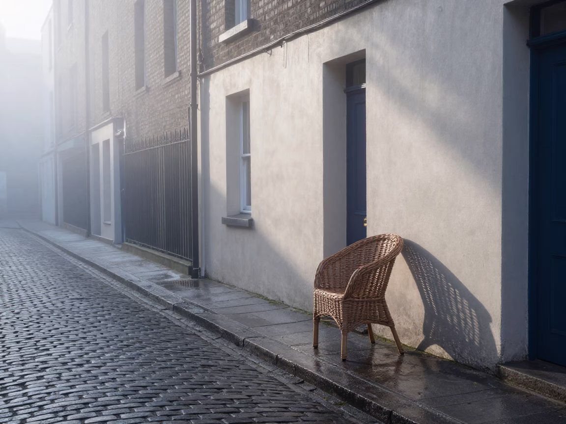Dublin Ireland Morning Mist on Cobblestone Street with Wicker Shadow in in Dublin, Ireland