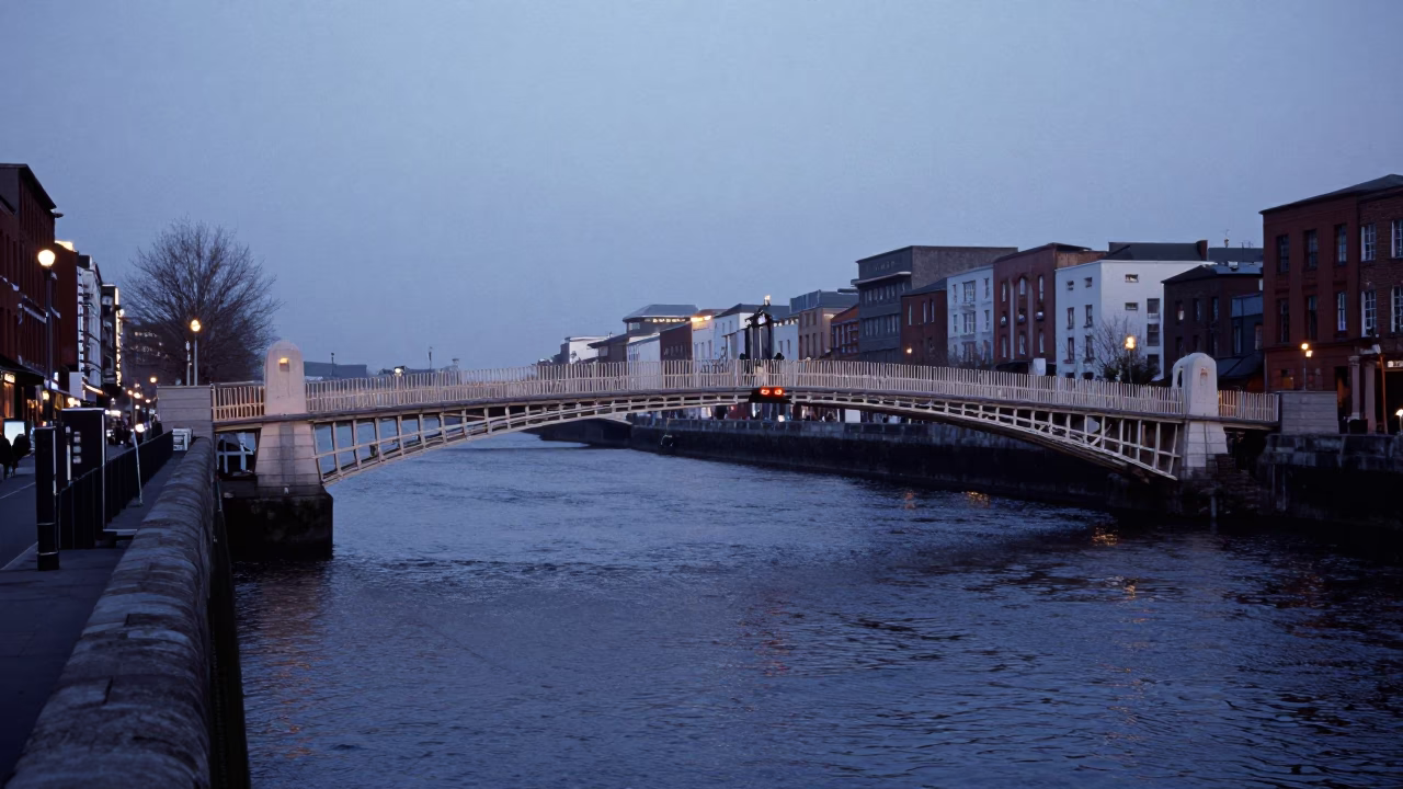 Dublin Ireland Nautical Dawn Bridge Maintenance Cradle Over River Liffey in in Dublin, Ireland