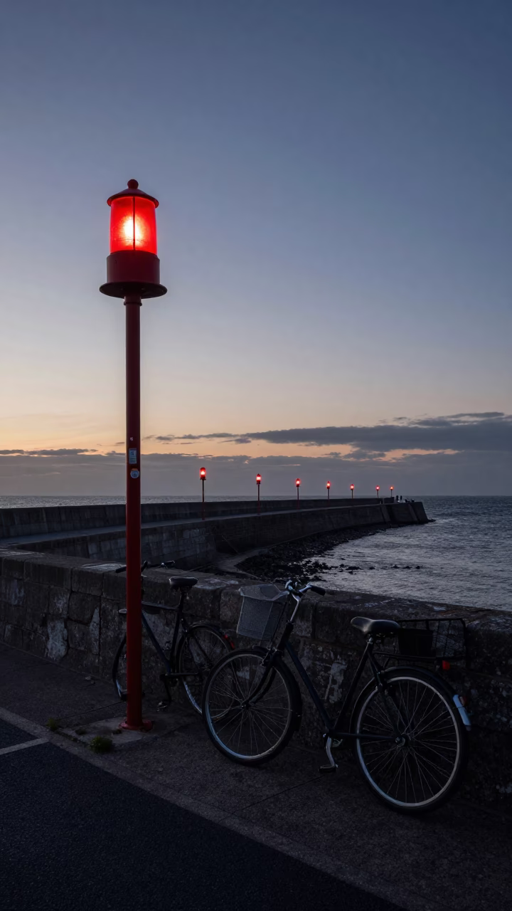 Dublin Ireland Nautical Dawn Coastal Breakwater Warning Beacons and Bicycle in in Dublin, Ireland